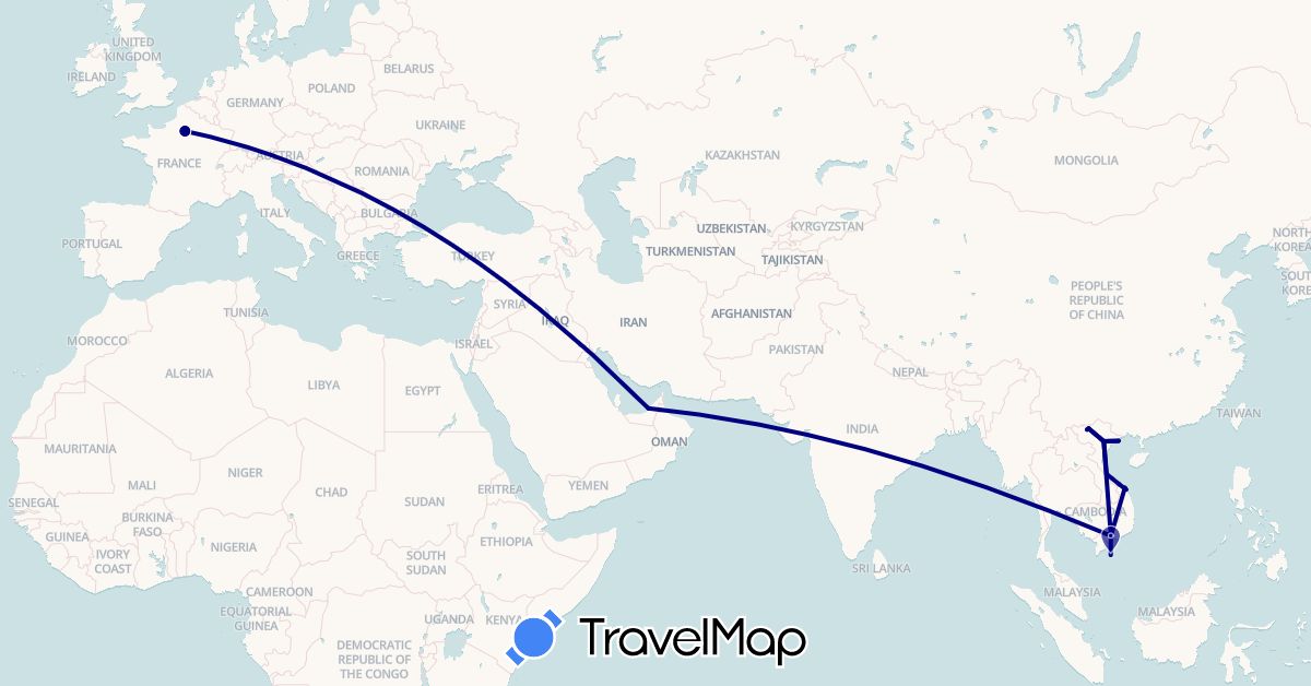 TravelMap itinerary: driving in United Arab Emirates, France, Vietnam (Asia, Europe)